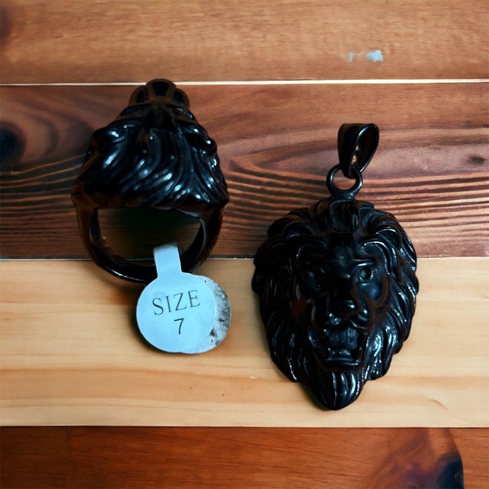 Matching black stainless steel lion ring and pendant set